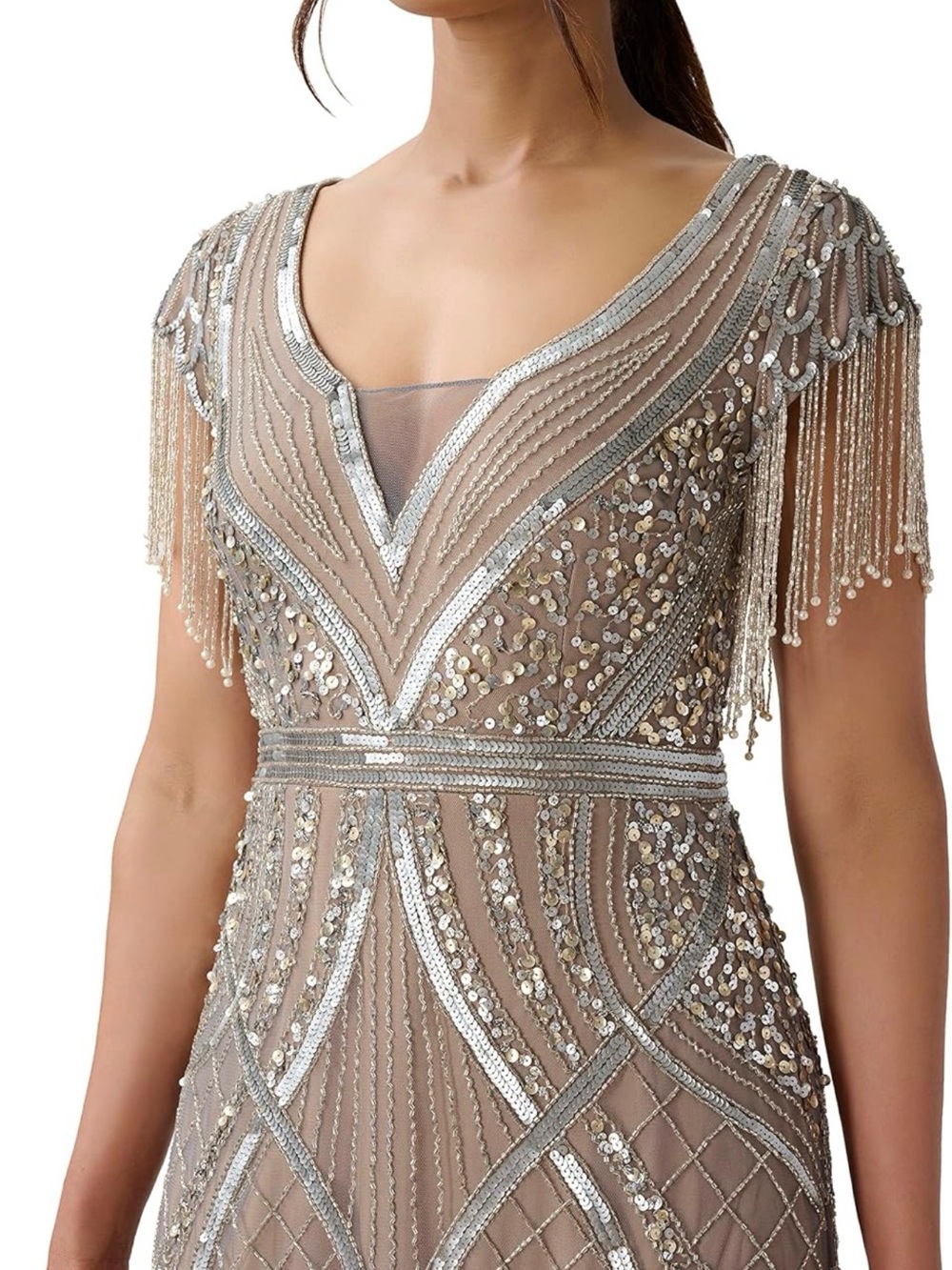 Silver Sequin Fringe Maxi Dress with V-Neck